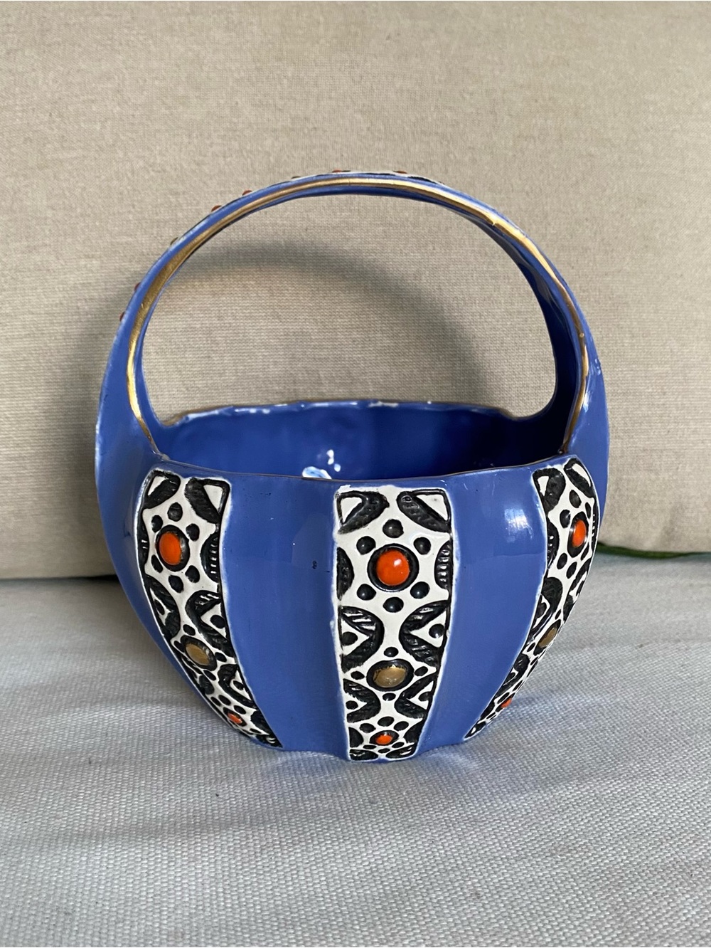 1920s 30s Ditmar Urbach Czechoslovakia Art Deco Blue Ceramic Antique Basket